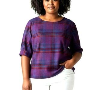 ELOQUII Womens Multi Plaid Puff Sleeve Top Sz‎ 18 Office Career Plus Size